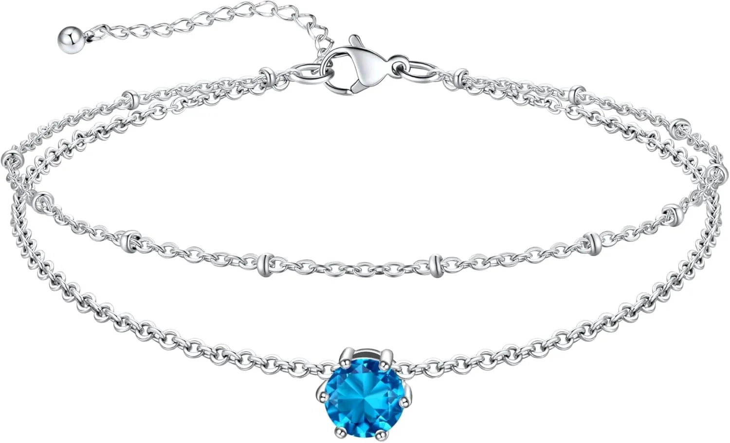 U7 Layered Silver Ankle Bracelet for Women,Round Gem Birthstone Anklets,Summer Beach Foot Jewelry,8.5"-10.5"