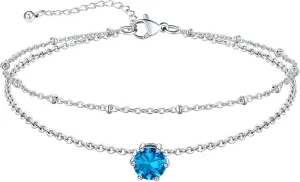 U7 Layered Silver Ankle Bracelet for Women,Round Gem Birthstone Anklets,Summer Beach Foot Jewelry,8.5"-10.5"