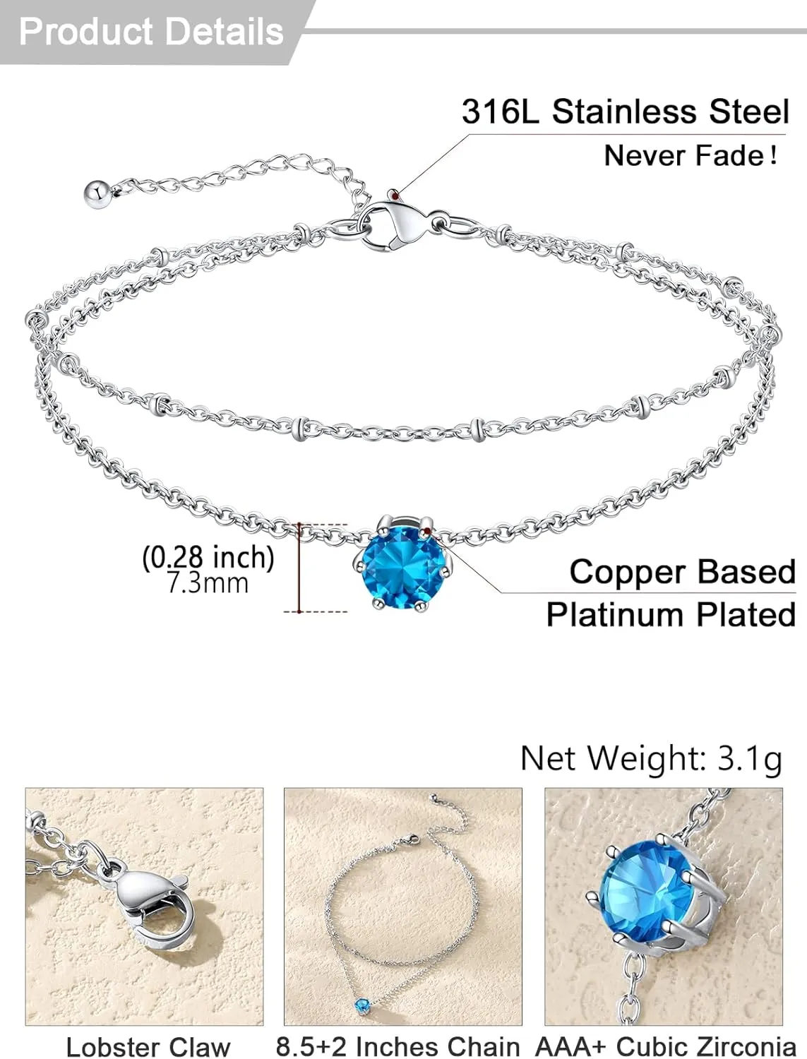 U7 Layered Silver Ankle Bracelet for Women,Round Gem Birthstone Anklets,Summer Beach Foot Jewelry,8.5"-10.5"