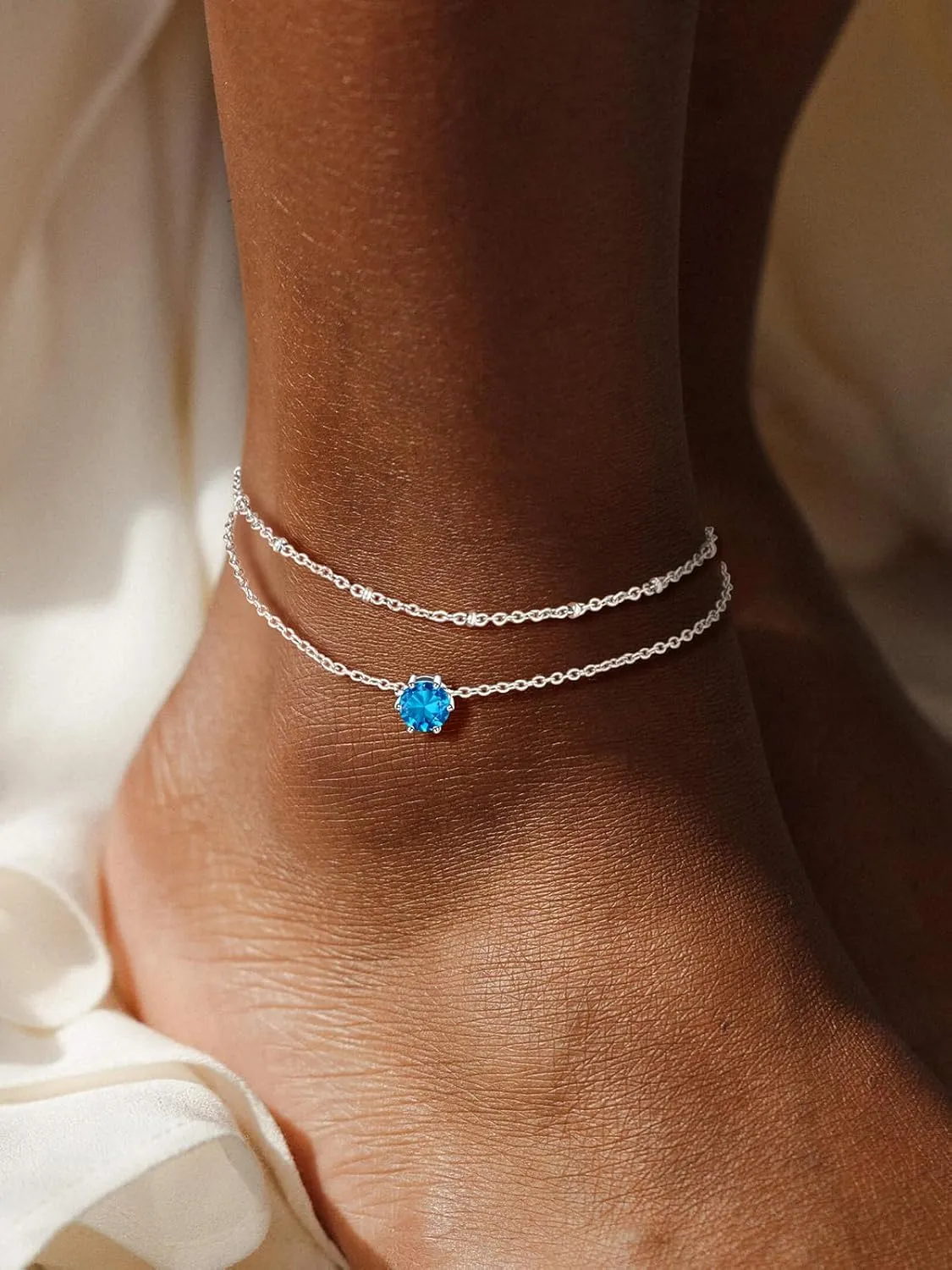 U7 Layered Silver Ankle Bracelet for Women,Round Gem Birthstone Anklets,Summer Beach Foot Jewelry,8.5"-10.5"