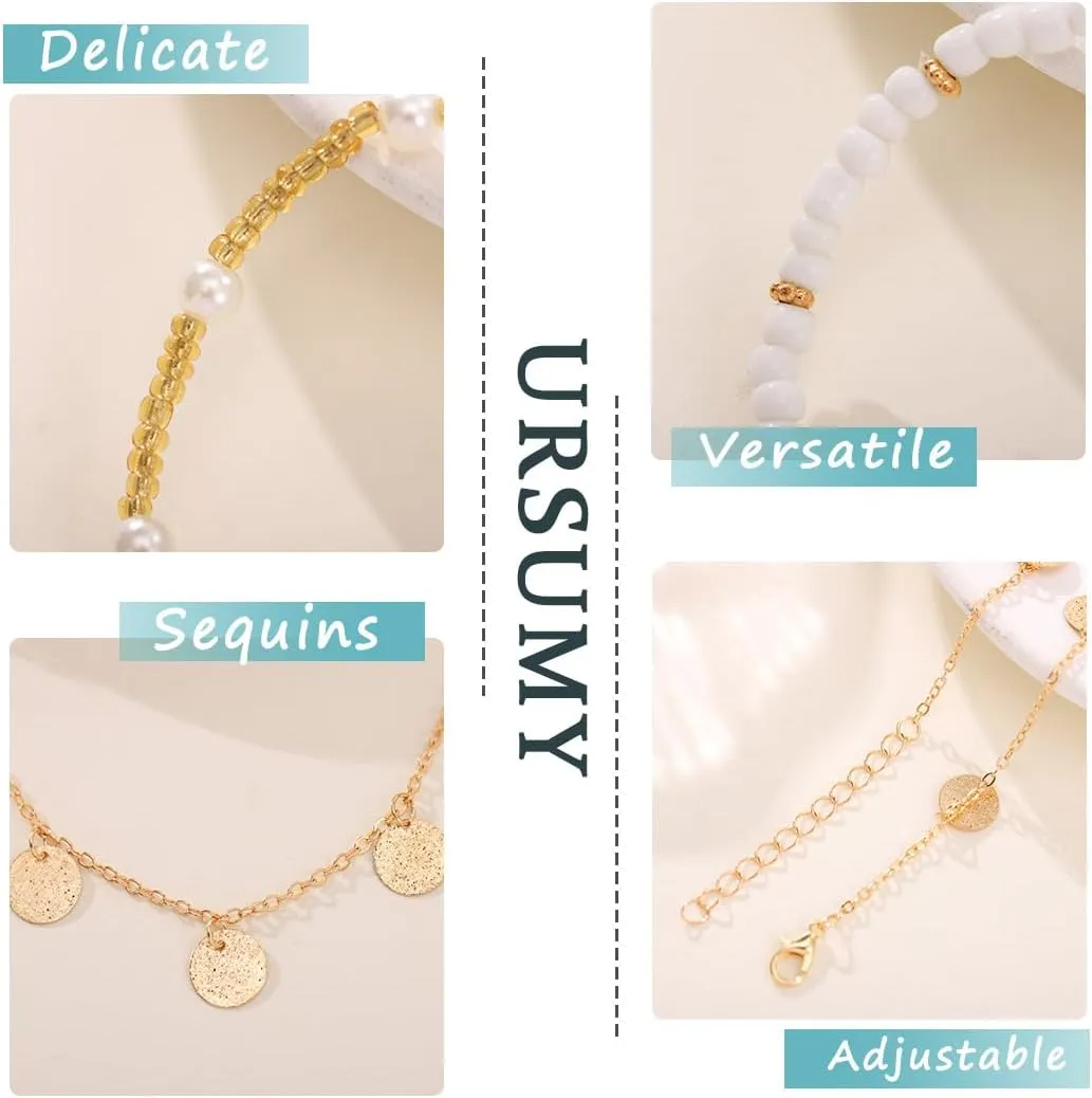 Ursumy Gold Ankle Layered Anklet Bracelets Adjustable Anklets Set Boho Bead Anklet Cross Ankle Chain for Women