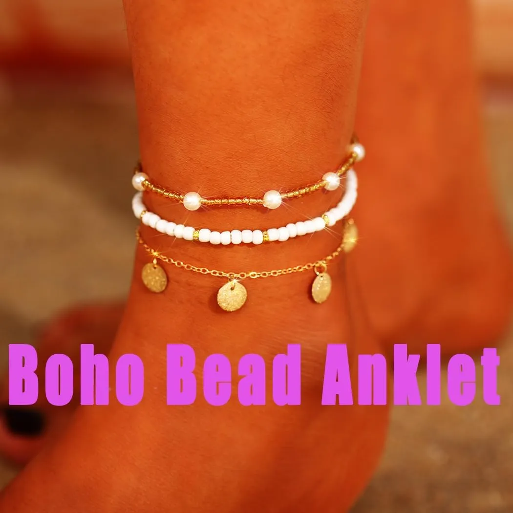 Ursumy Gold Ankle Layered Anklet Bracelets Adjustable Anklets Set Boho Bead Anklet Cross Ankle Chain for Women