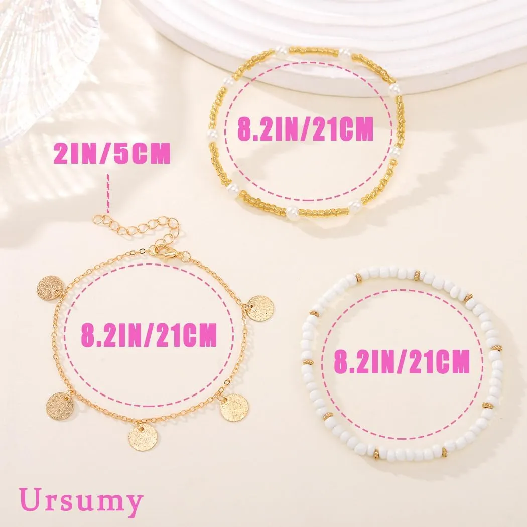 Ursumy Gold Ankle Layered Anklet Bracelets Adjustable Anklets Set Boho Bead Anklet Cross Ankle Chain for Women