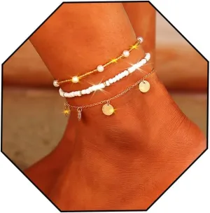 Ursumy Gold Ankle Layered Anklet Bracelets Adjustable Anklets Set Boho Bead Anklet Cross Ankle Chain for Women