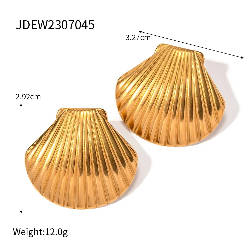 VAIGE Trendy Geometric Stainless Steel Stud Earrings with 18K Gold Plating - Creative Shell Texture Fashion Jewelry Gift