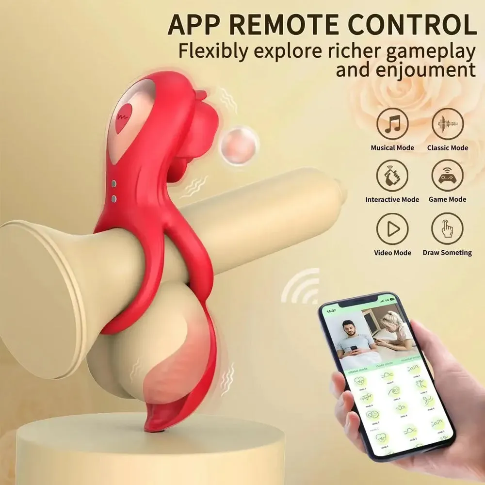 Vibrating Rose Cock Ring With Clit Stimulators APP Controls