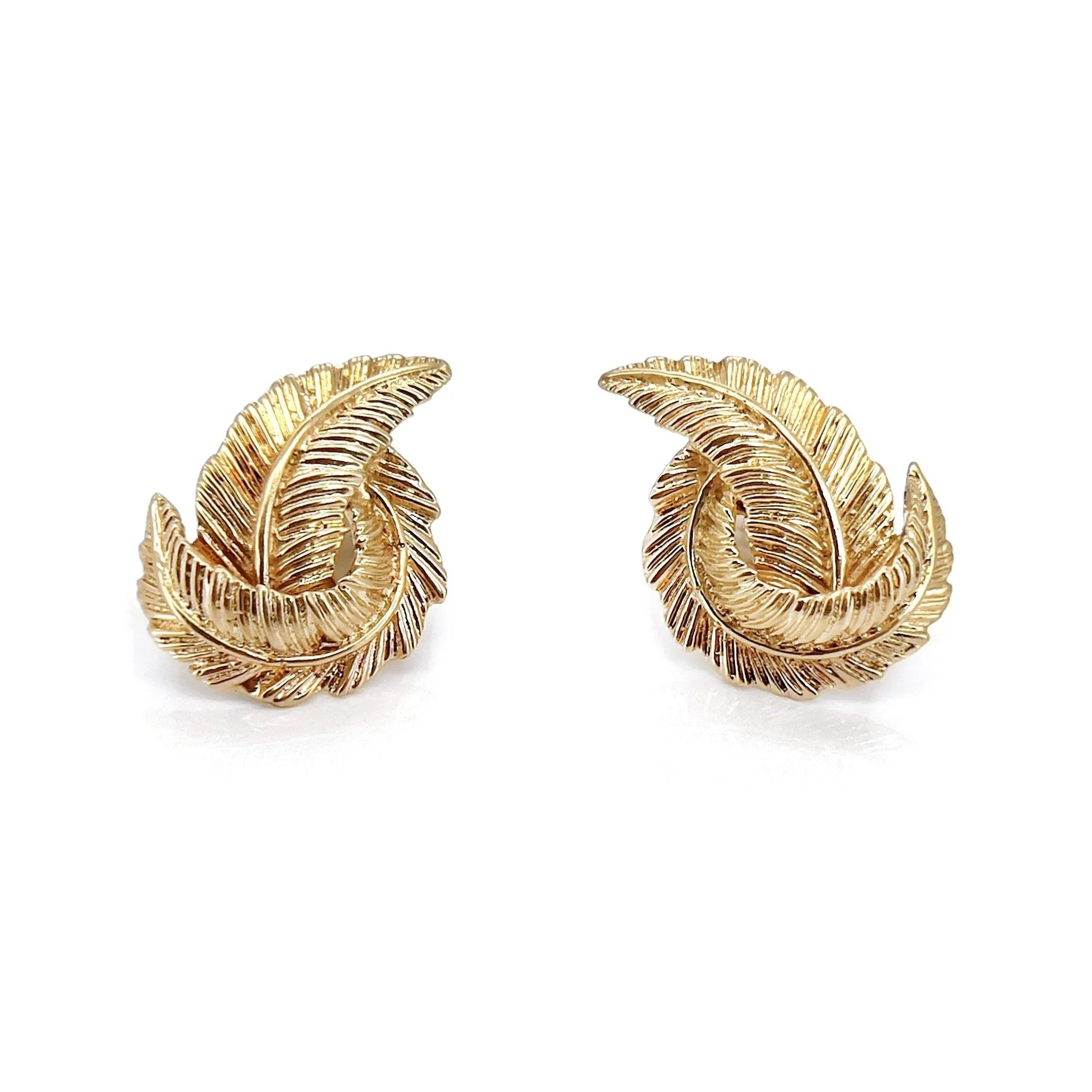 Vintage Gold Feather Swirl Earrings, 14K