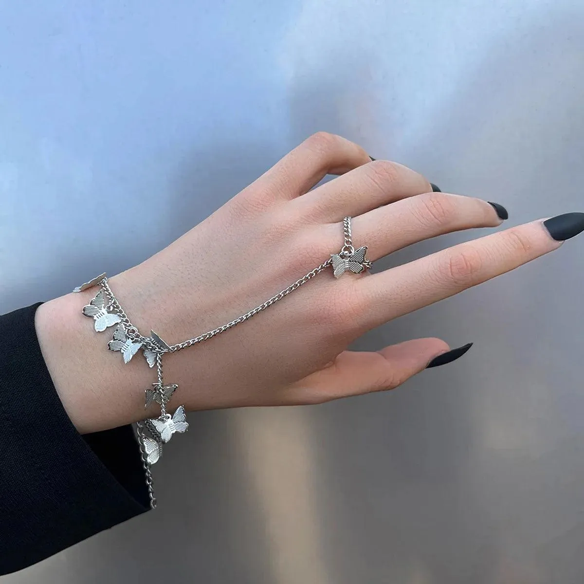 Vintage Punk Goth Exaggerated Spider Snake Butterfly Ring with Bracelet Link and Wrist - Fashion Bracelets Jewellery