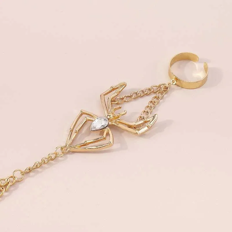 Vintage Punk Goth Exaggerated Spider Snake Butterfly Ring with Bracelet Link and Wrist - Fashion Bracelets Jewellery