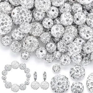 Wholesale 50 Pcs Rhinestones Beads 16mm, 12mm, 10mm, 8mm, 6mm Pave Disco Ball Beads Polymer Clay Czech Beads Round Crystal Diamond Glitter Beads for Bracelet Necklace Earring Crafting Jewelry Making