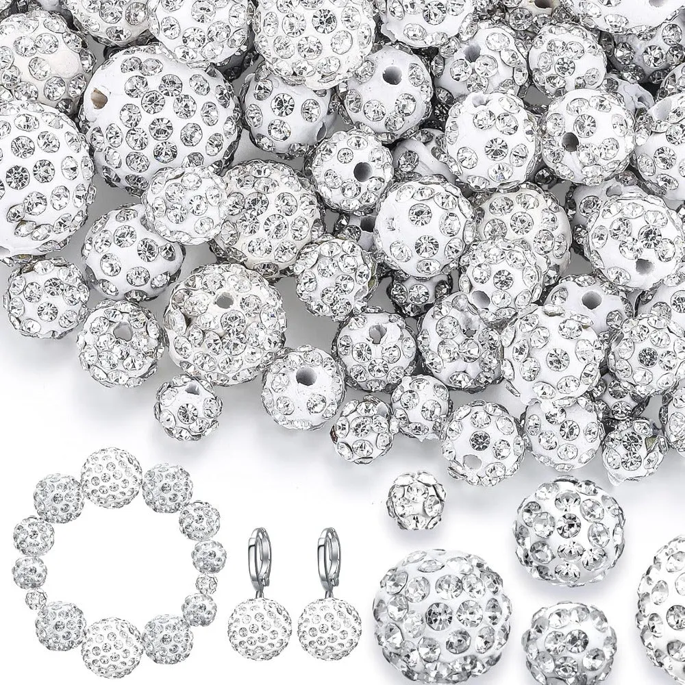 Wholesale 50 Pcs Rhinestones Beads 16mm, 12mm, 10mm, 8mm, 6mm Pave Disco Ball Beads Polymer Clay Czech Beads Round Crystal Diamond Glitter Beads for Bracelet Necklace Earring Crafting Jewelry Making
