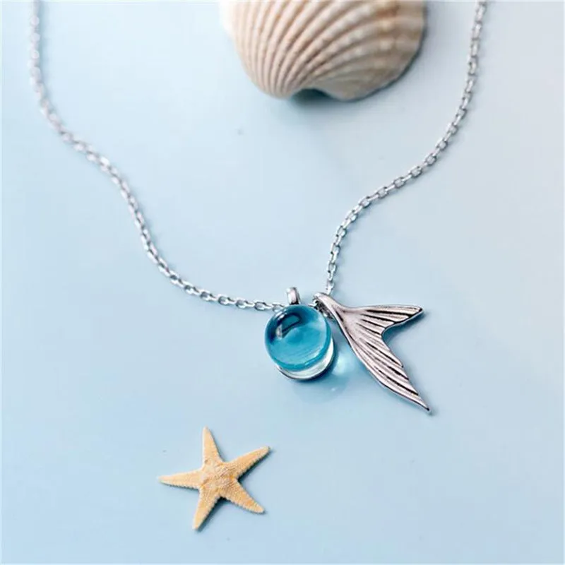 Wholesale Simple Blue Crystal Ball Fishtail Necklace