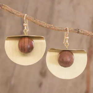 Winking Moon in Brass Brass and Wood Bead Dangle Earrings with 18K Gold Hooks