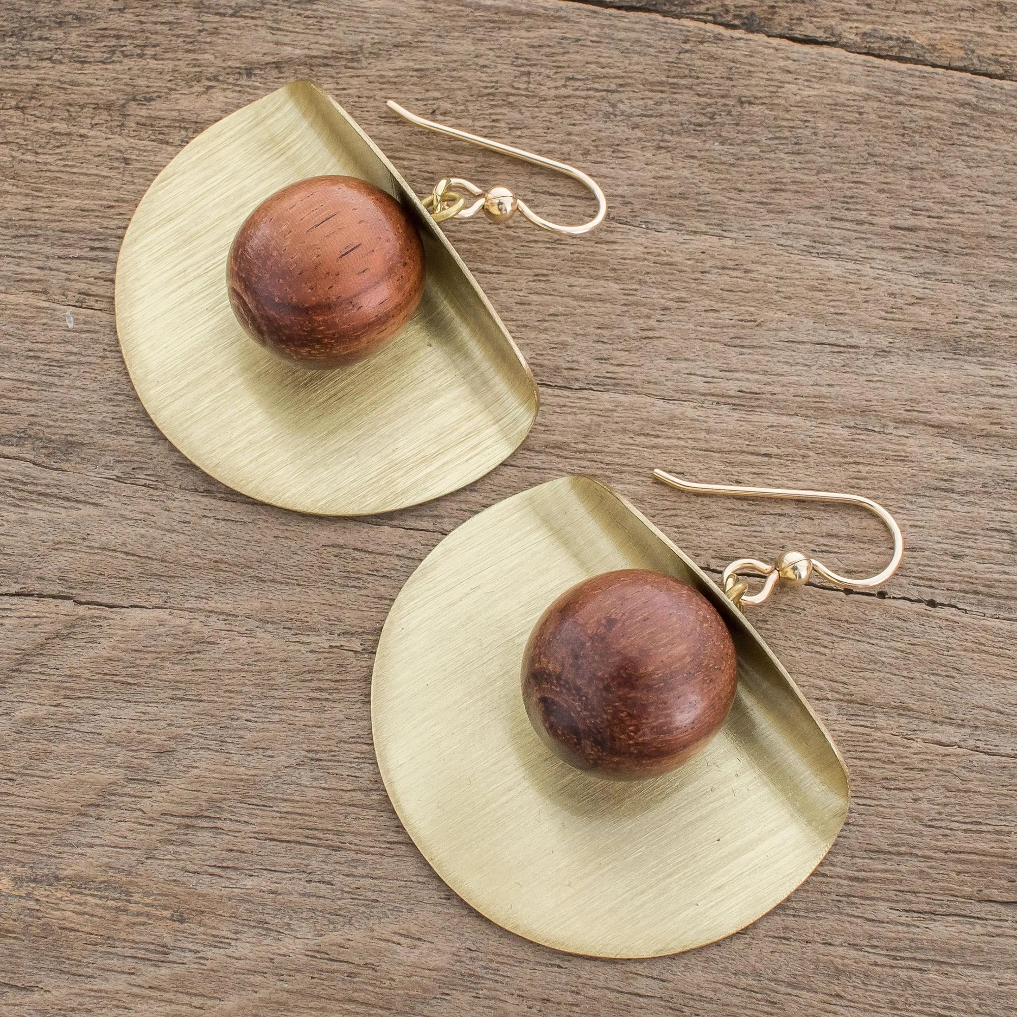 Winking Moon in Brass Brass and Wood Bead Dangle Earrings with 18K Gold Hooks