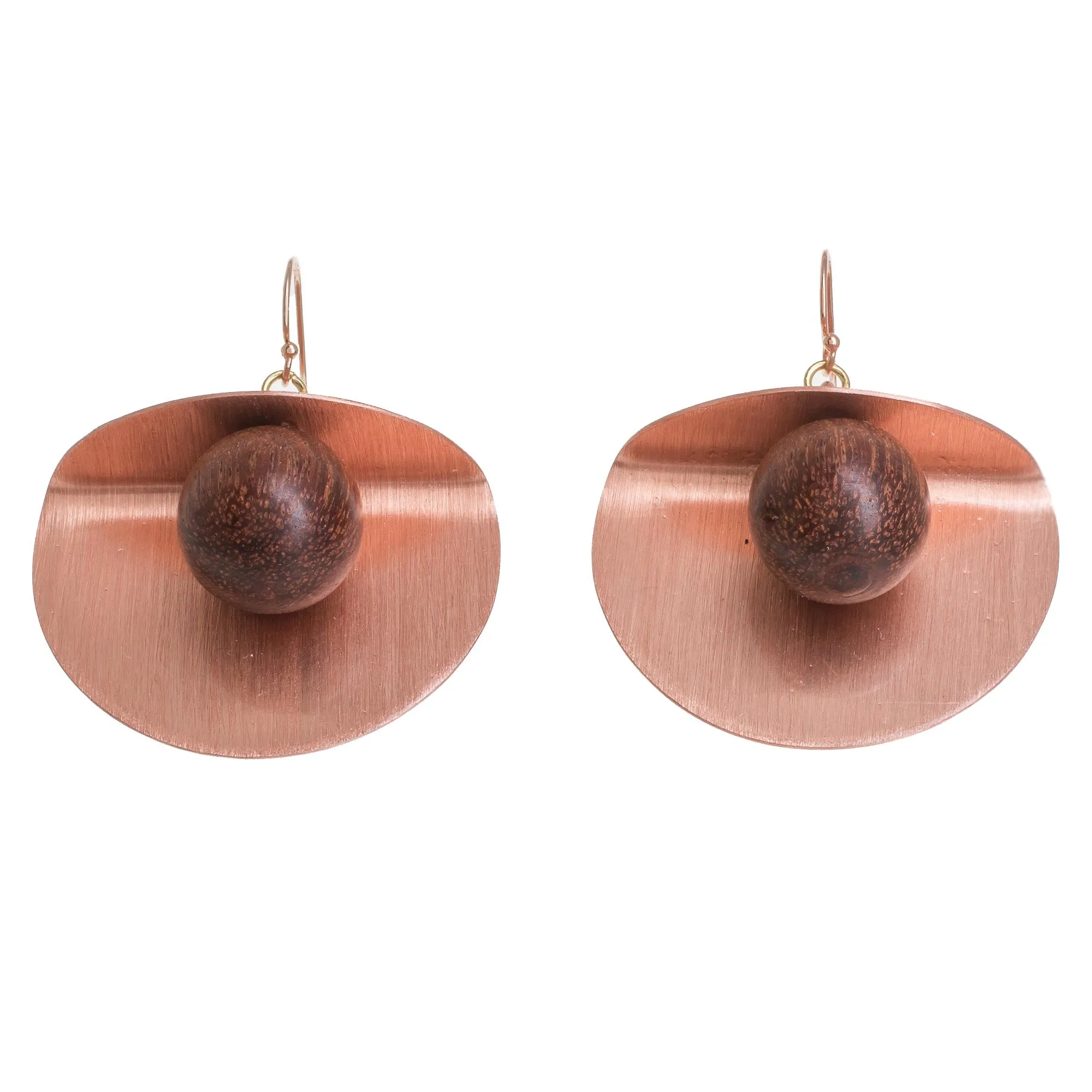 Winking Moon in Copper Copper and Wood Bead Dangle Earrings with 18K Gold Hooks