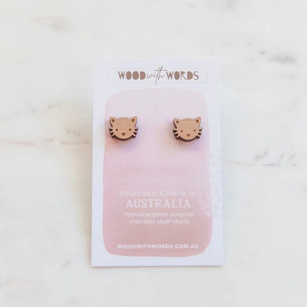 Wood With Words: Wooden Stud Earrings Cat Pet