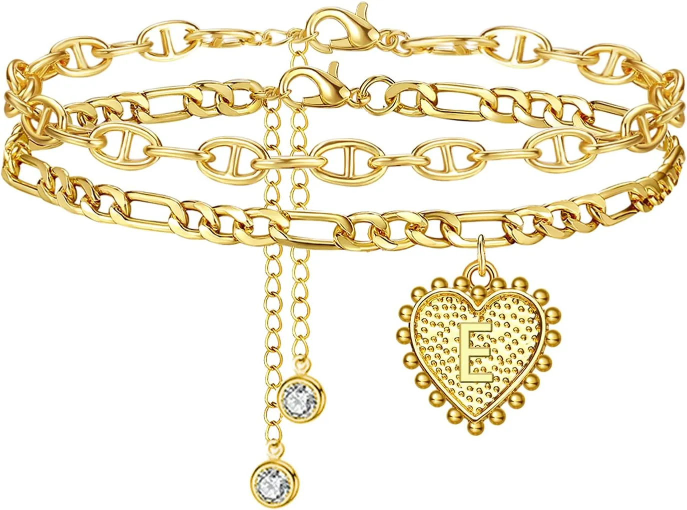 YANCHUN 2PCS Gold Initial Ankle Bracelets for Women Double Layered Initial Anklets Cuban Link Heart Letter Initial Anklet(E)