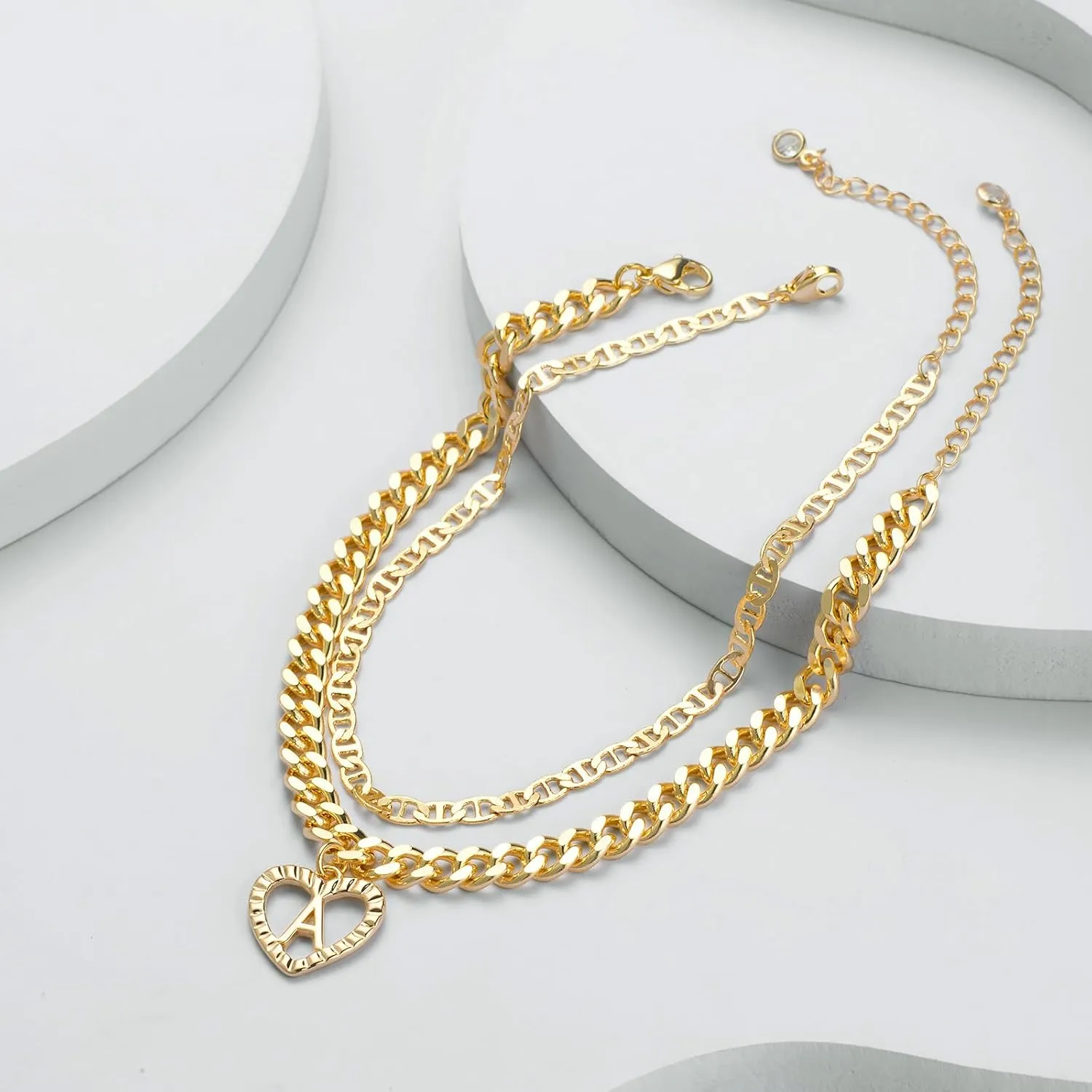 YANODA Initial Ankle Bracelets for Women, 14K Gold Plated Cuban Link Anklets Flat Mariner Link Anklets Handmade Layered Heart Ankle Bracelets Personalized Gifts for Women