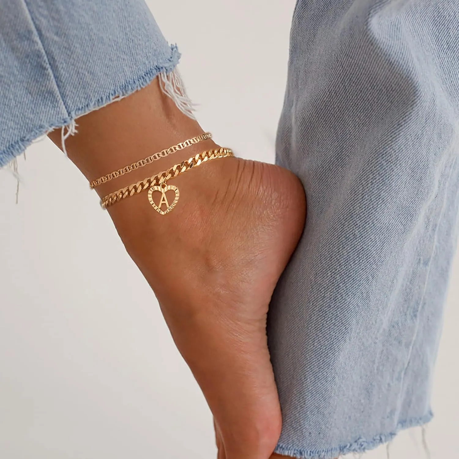 YANODA Initial Ankle Bracelets for Women, 14K Gold Plated Cuban Link Anklets Flat Mariner Link Anklets Handmade Layered Heart Ankle Bracelets Personalized Gifts for Women