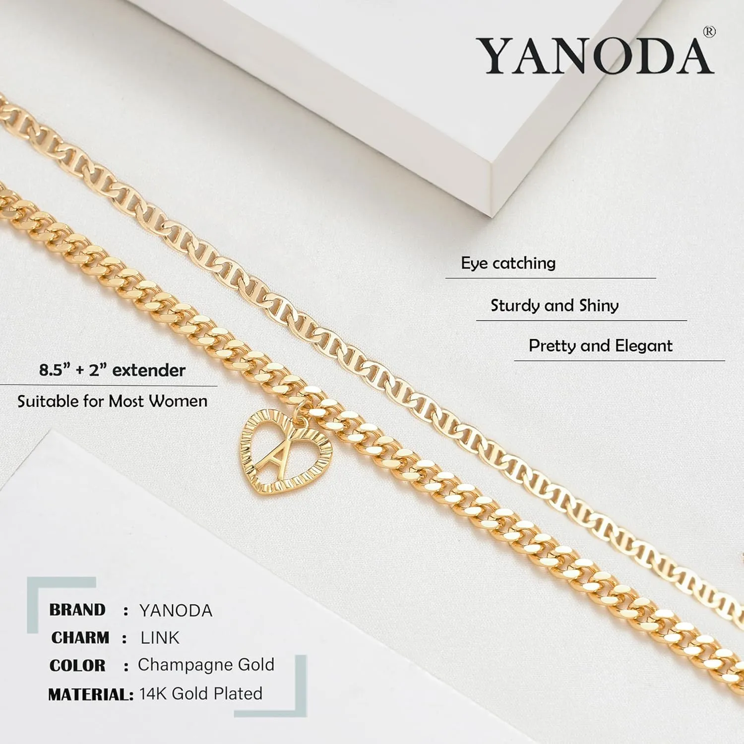 YANODA Initial Ankle Bracelets for Women, 14K Gold Plated Cuban Link Anklets Flat Mariner Link Anklets Handmade Layered Heart Ankle Bracelets Personalized Gifts for Women