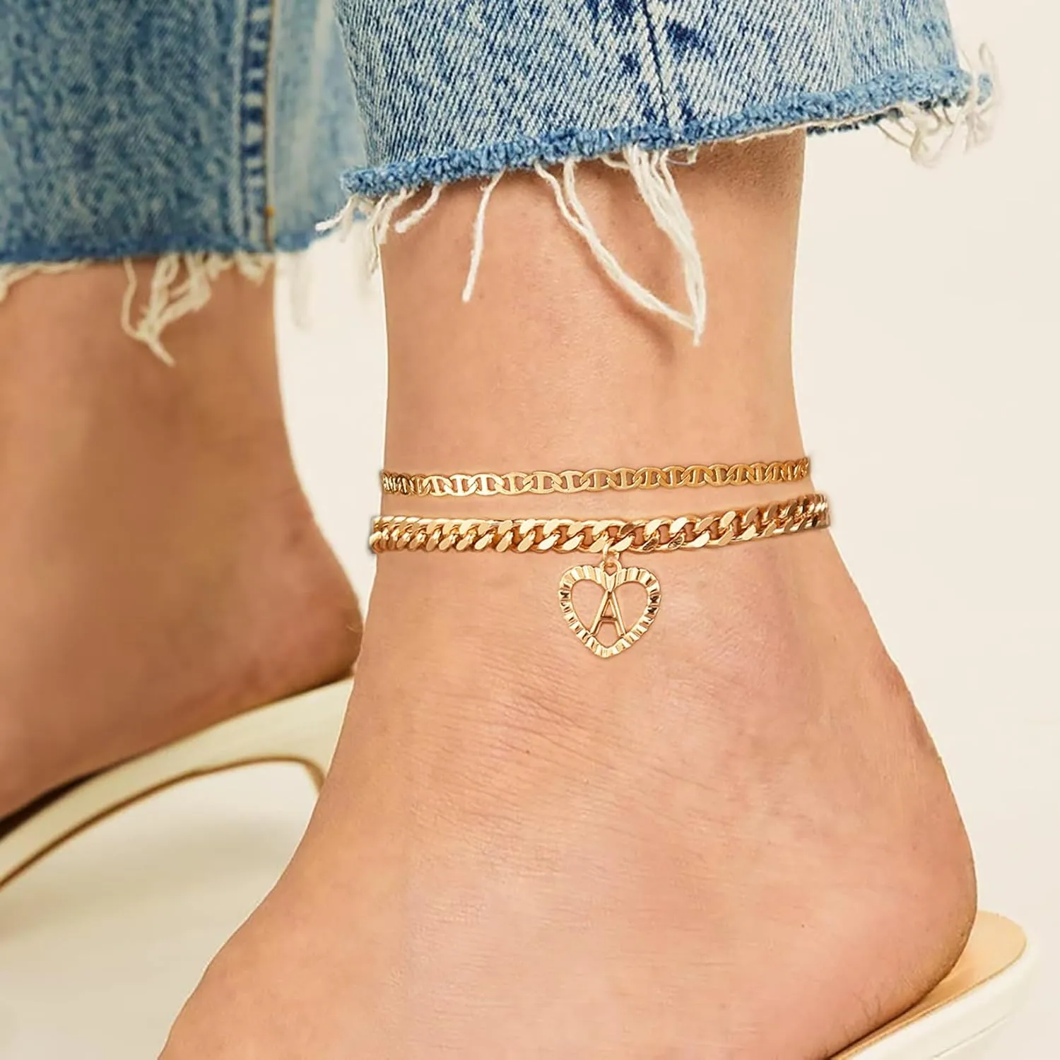 YANODA Initial Ankle Bracelets for Women, 14K Gold Plated Cuban Link Anklets Flat Mariner Link Anklets Handmade Layered Heart Ankle Bracelets Personalized Gifts for Women