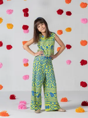Yellow Top And Pant Set In Blue Prints for Girls