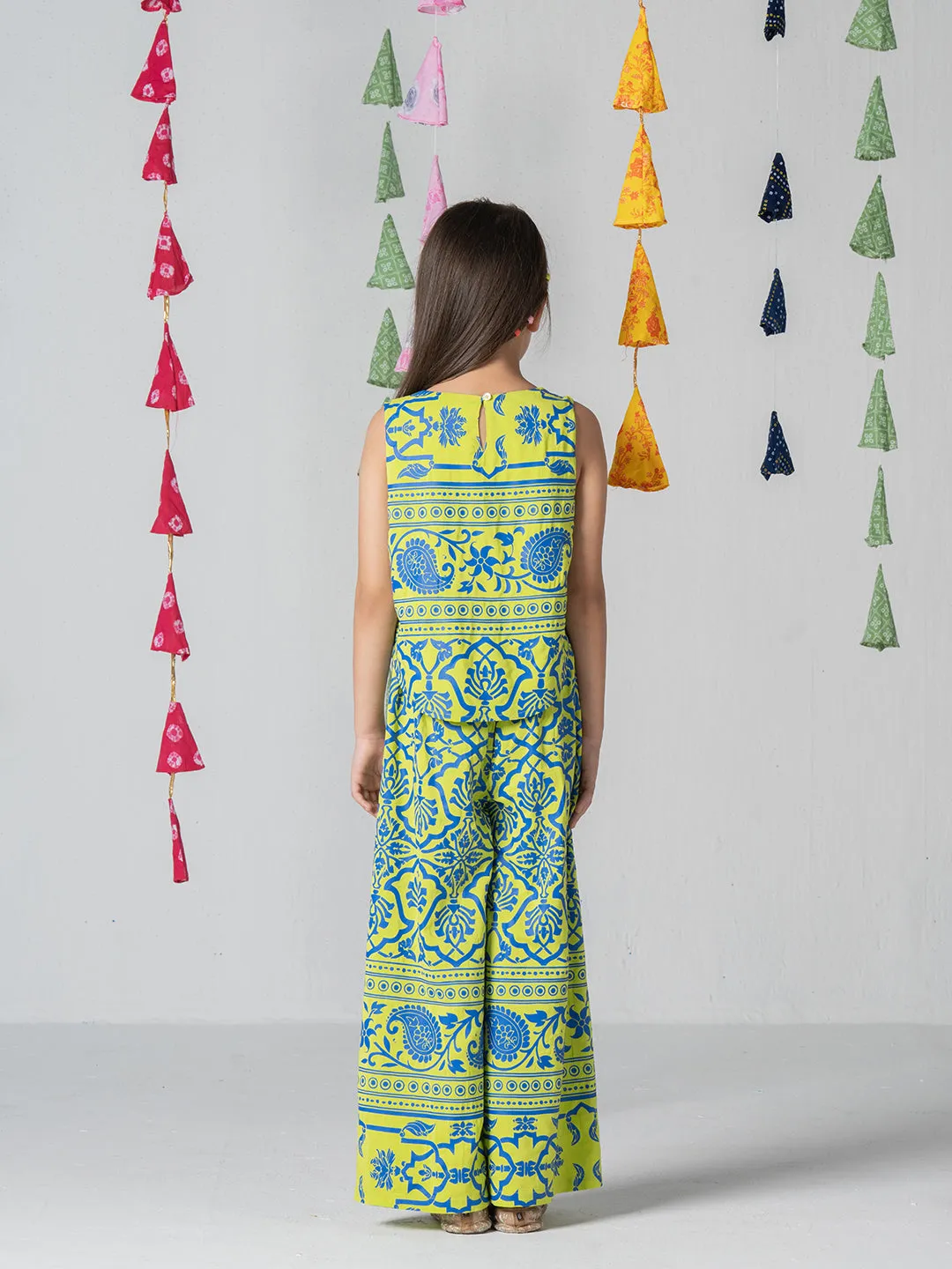 Yellow Top And Pant Set In Blue Prints for Girls