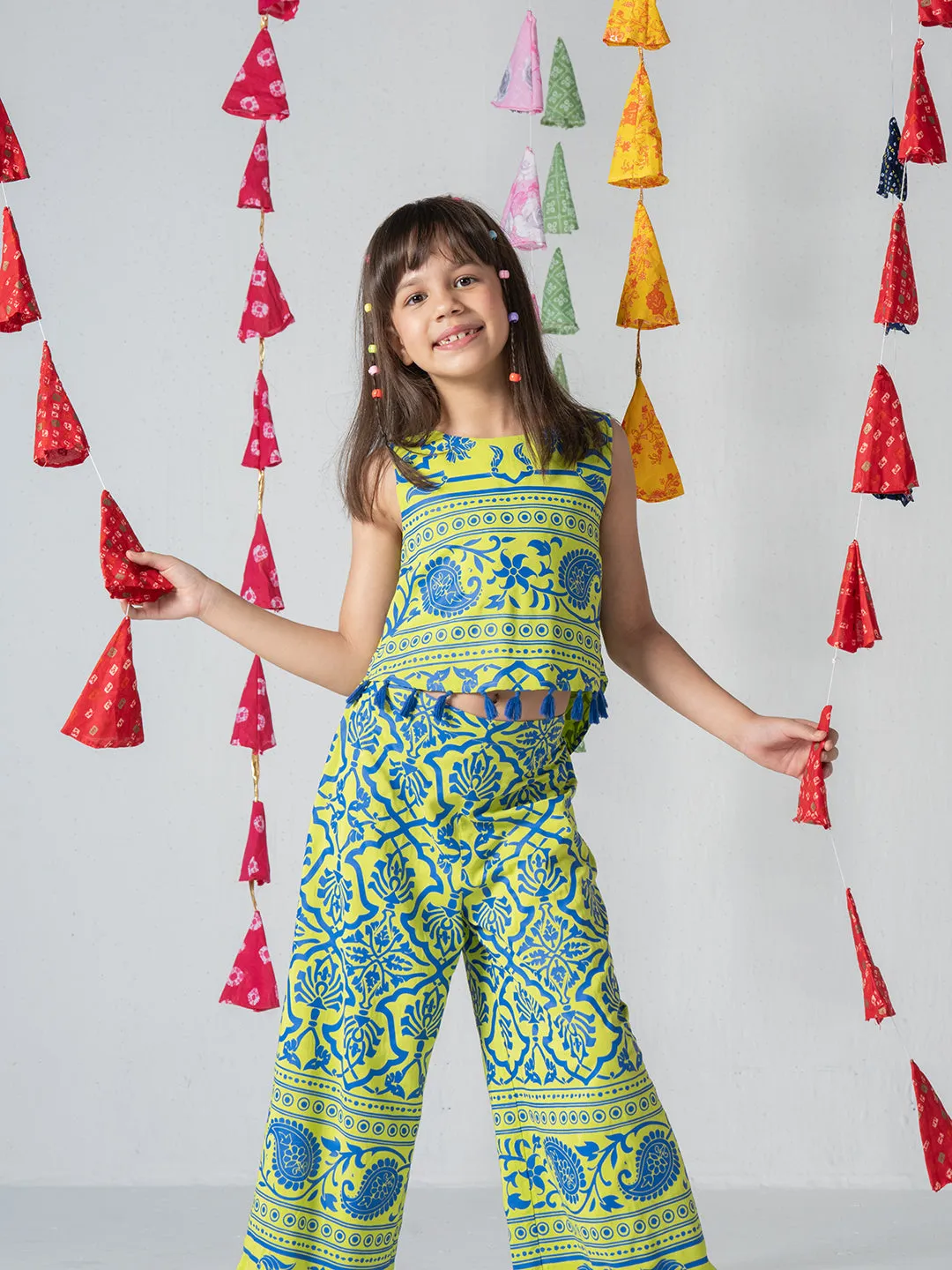 Yellow Top And Pant Set In Blue Prints for Girls