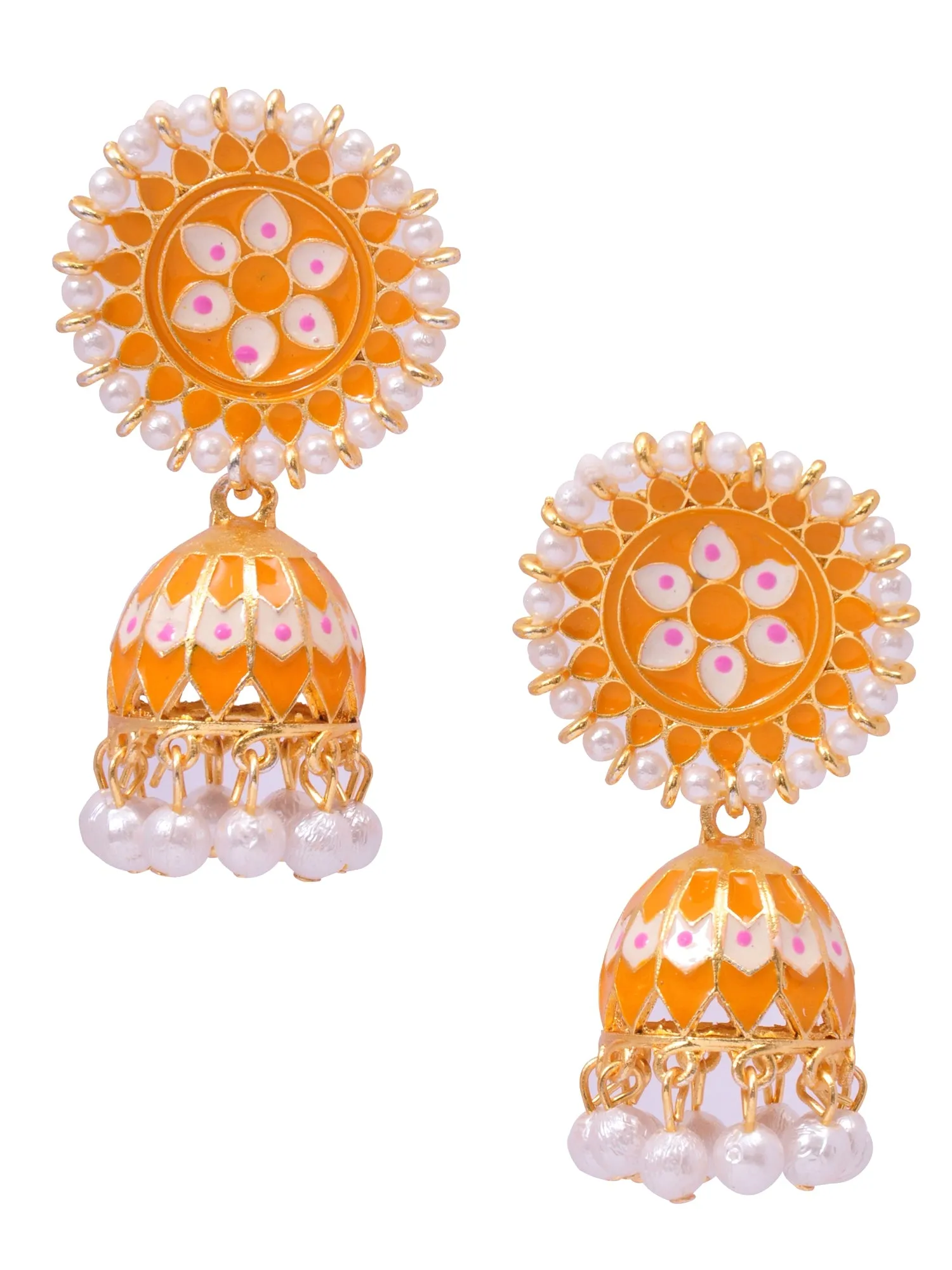 Yellow with White Pearls Jhumki-Style Earrings for Women & Girls