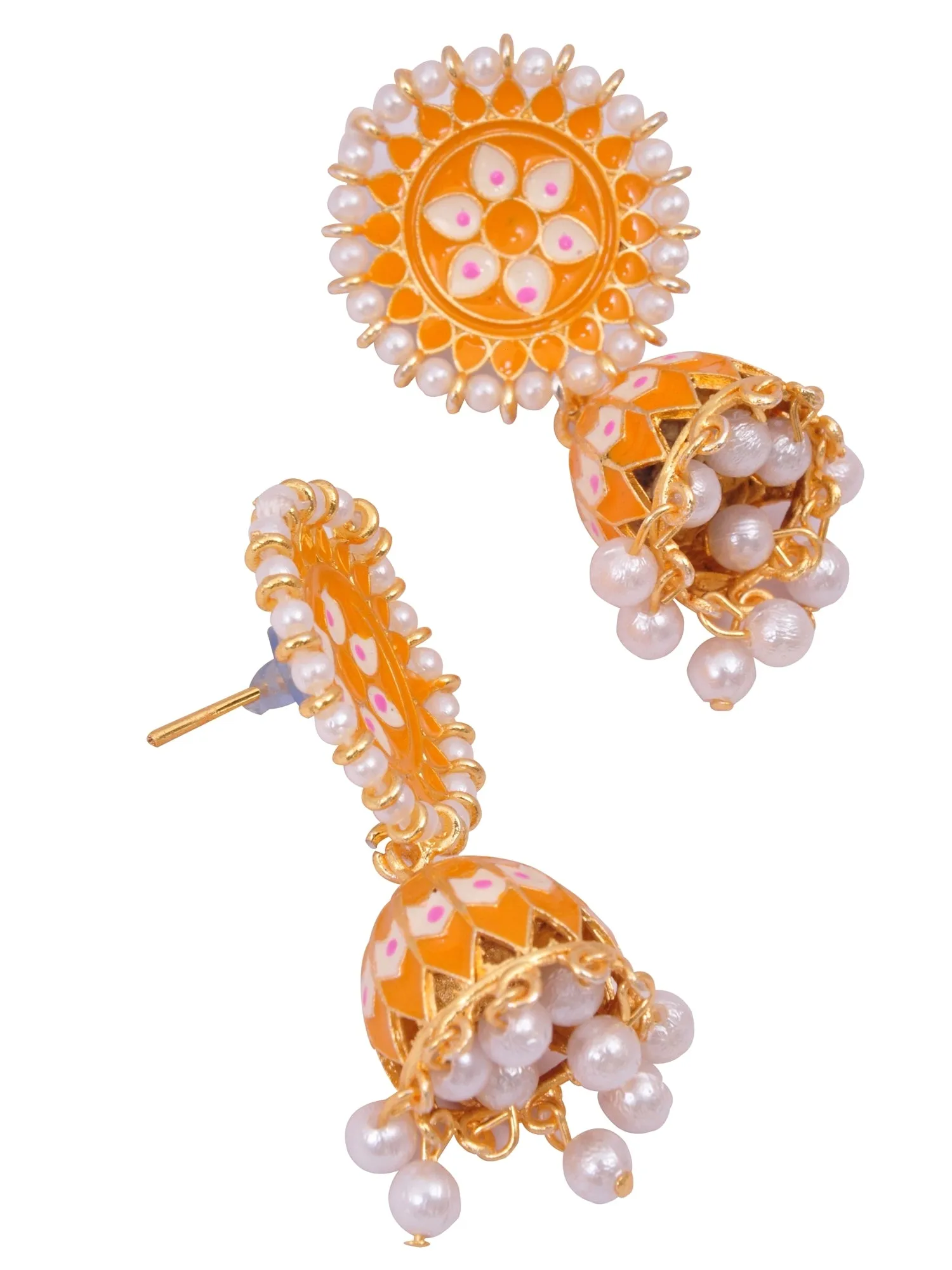 Yellow with White Pearls Jhumki-Style Earrings for Women & Girls