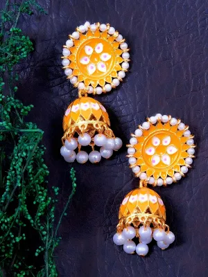 Yellow with White Pearls Jhumki-Style Earrings for Women & Girls