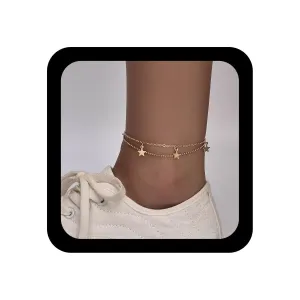 YienDoo Boho Layered Star Anklet Bracelet Gold Star Pendant Beads Satellite Anklet Foot Chain Beach Layered Anklets Foot Jewelry Gift for Women